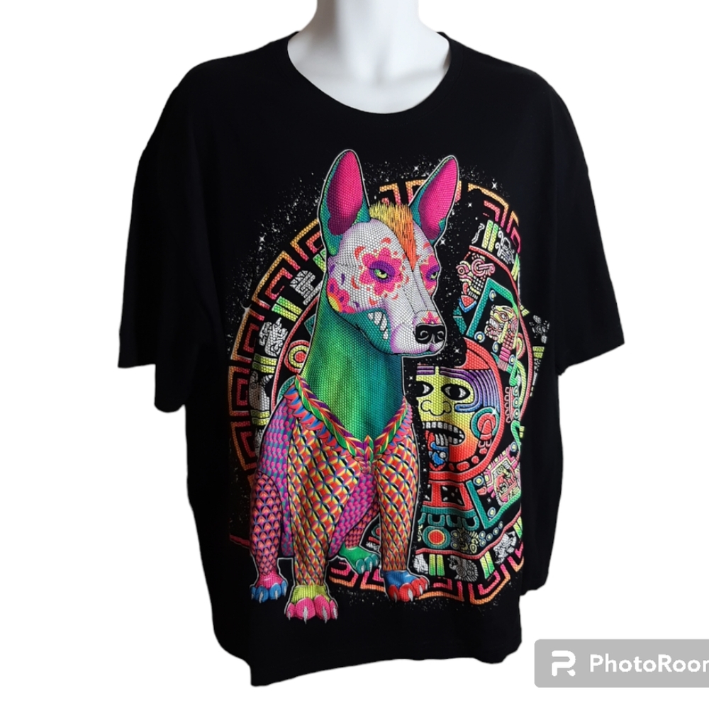 Men's Black T-Shirt with A Sprit Dog in Multiple Neon Colors. Cozumel Mexico